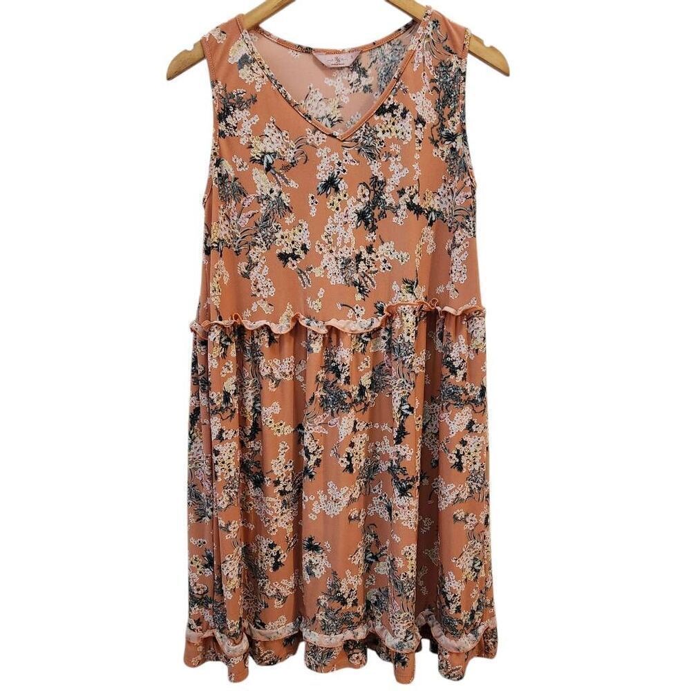 SJS sleeveless tunic top textured floral print light coral with ruffle small